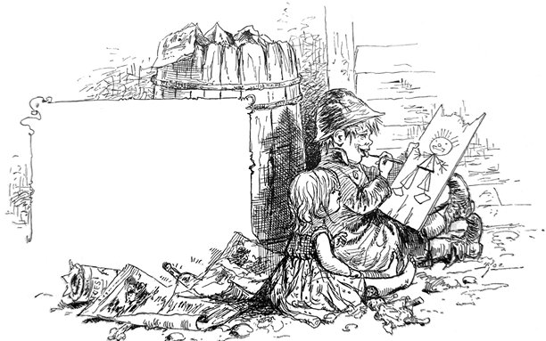 复古插画 - 两个小孩坐在垃圾桶旁画火柴人 - 留有复制空间图片下载