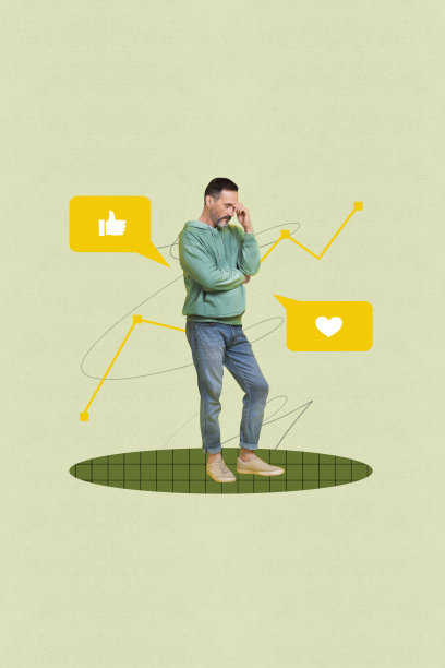 趋势图，竖版照片拼贴，严肃的男人抱着头，带有心形图标、气泡通知、点赞和反馈的社交媒体反应图片下载