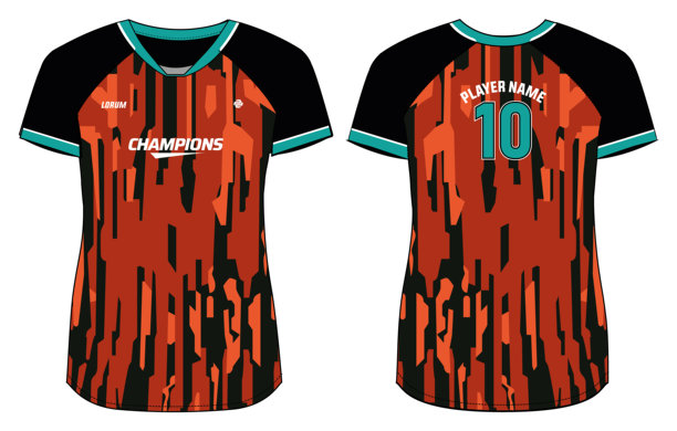 女士运动球衣T恤设计平面草图插画，几何图案V领T恤，适用于女孩和女士排球、足球、羽毛球、篮球和无挡板篮球运动队服套装图片下载