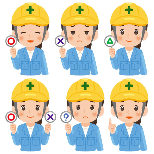 一套穿着工作服、戴着安全帽的女性的半身像插画，她手里分别拿着圆圈和叉号的标志图片下载