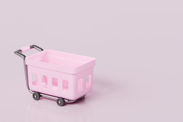 3D卡通粉色购物推车图标。网购商店概念中的快速配送。购物篮与购物车。极简风格，孤立在粉色背景上。3D渲染插画。图片下载