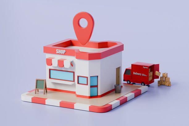 3D极简卡通红色商店建筑，带有定位图钉、打开后门的卡车配送车和纸箱图标符号。3D渲染插画。图片下载