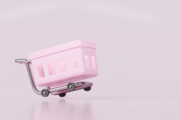 3D卡通粉色购物车图标。来自网购商店概念的快速配送概念。购物篮与推车。极简风格，孤立在粉色背景上。3D渲染插画。图片下载