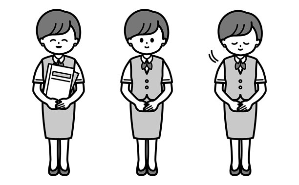 简洁的黑白插画集，描绘了女职员礼貌鞠躬的姿势，适用于接待和办公室工作。图片下载