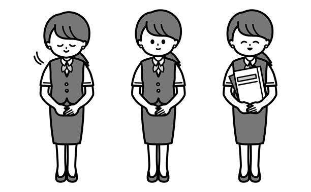 女职员的简约黑白插画集，接待和办公室工作的礼貌鞠躬姿势插画图片下载