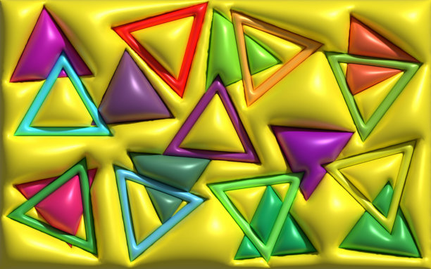 黄色浮雕背景上混乱的多色体积三角形簇，色彩鲜艳，几何抽象，三维渲染插画图片下载