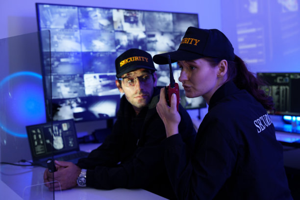 安保人员正在查看监控摄像屏幕以寻找证据。图片下载