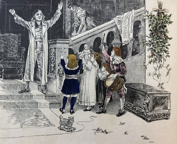 古董插画 - 孩子们在楼梯下向一位老人问好，伴随着歌声和大鼓图片下载
