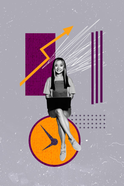 杂志封面 3D 垂直照片拼贴，描绘一位快乐的女商人手持笔记本电脑，象征着发展、警报、截止日期和进步，适合自由职业者。图片下载