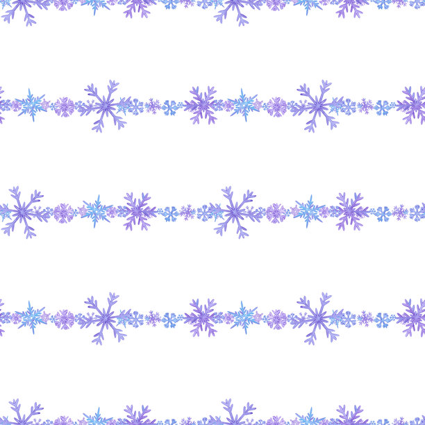手绘水彩蓝紫色雪花线条无缝图案。冬季插画，孤立在白色背景上。可用作纺织品、包装纸和其他印刷产品的图案。图片下载