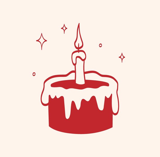 复古风格的简约红色蛋糕插画，带有蜡烛、优雅线条和闪光效果。图片下载
