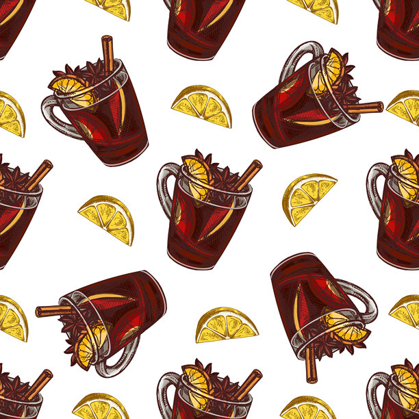 手绘热红酒的无缝图案，素描风格。矢量食物插画。一种暖饮。传统的圣诞饮品。复古舒适的季节性节日。适用于菜单。图片下载