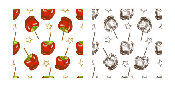 手绘太妃糖苹果带坚果碎的无缝图案。矢量食物插画。传统的圣诞节、万圣节甜点。复古节日设计。图片下载