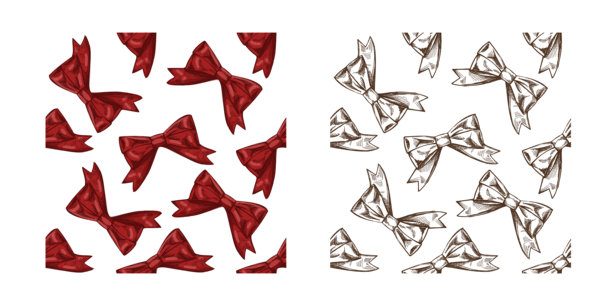 手绘礼品包装饰带的无缝图案，孤立在白色背景上，近景为素描风格的装饰。矢量复古绘画。传统温馨的节日。适用于圣诞节、生日贺卡、包装的素材。图片下载