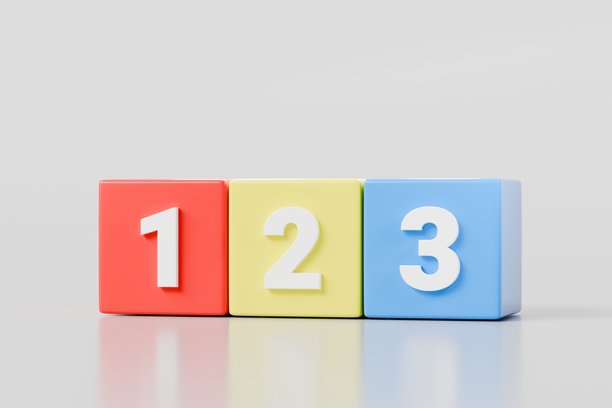 3D教育积木图标。学前班数字123积木。123教育立方体砖块概念。学校学习儿童玩耍玩具标志和儿童数学计数盒简单学习，孤立在白色背景上。3D渲染。图片下载