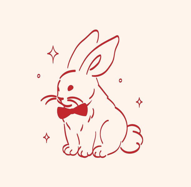 复古风格的可爱兔子线条插画，带有蝴蝶结、优雅线条和闪光元素，极简红色线条。图片下载
