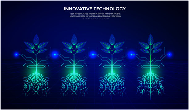 四株闪烁着蓝色光芒的未来幼苗：通过创新生物技术实现环境保护。矢量插画，描绘生态可持续性和绿色生物技术。科学，生态图片下载