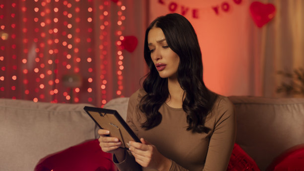 一位忧郁的女士手持相框，带着怀旧的情感看着照片，深情地抚摸着，独自坐在沙发上庆祝情人节，全景。图片下载