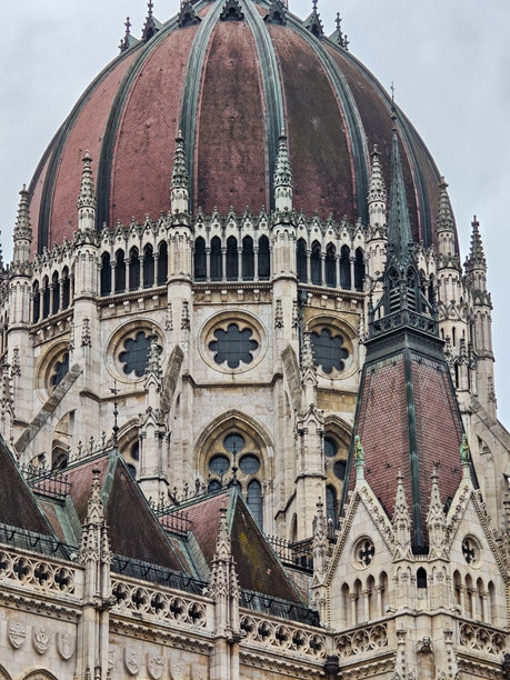 匈牙利国会大厦在阴云密布的天空下。竖版照片图片下载