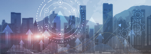 业务流程自动化概念。抽象城市背景下的齿轮和图标图片下载