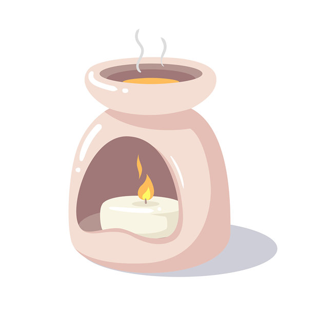 一个燃烧着蜡烛的陶瓷香薰灯，描绘了家庭冥想或放松角落的宁静插画。图片下载