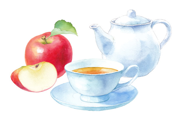 苹果茶：苹果和白色茶具的水彩插画（矢量图）图片下载