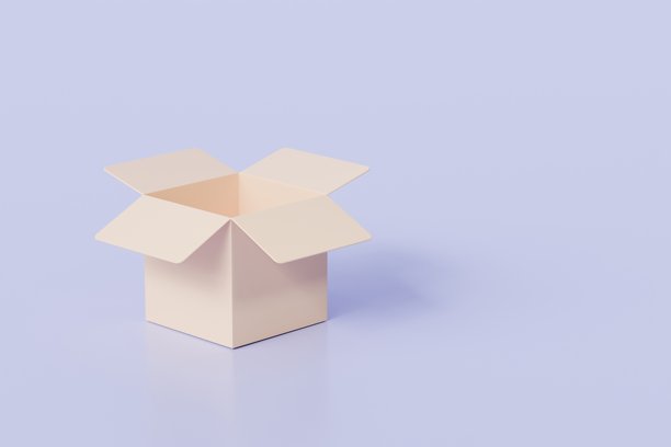 3D写实风格的打开的包裹图标。极简的开箱纸箱、货运箱、快递箱图标，孤立在紫色背景上。运输配送物流服务概念。3D渲染。图片下载