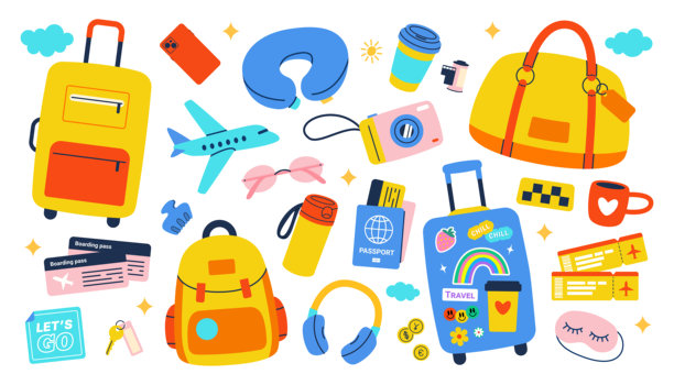 旅行必备品插画，包含行李箱、背包、护照、机票、相机及配件，采用多彩现代风格图片下载