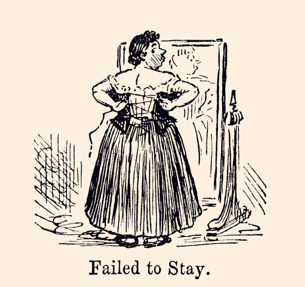 无法站立：这幅19世纪的漫画描绘了一位维多利亚时代的女性在镜子前费力地系紧紧束的紧身胸衣，表情痛苦。图片下载