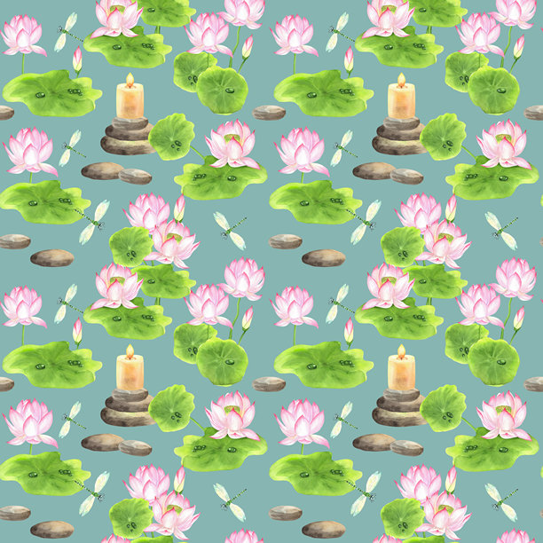 粉色莲花、绿叶、蜻蜓、点燃的蜡烛、浅蓝色背景上的鹅卵石。无缝图案。中国园林剪贴画。亚洲主题设计的纯手绘水彩插画。图片下载