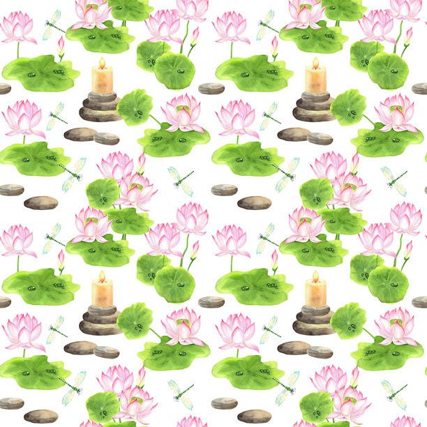 粉色莲花、绿叶、蜻蜓、点亮的蜡烛、无缝图案的卵石。中式日式庭院剪贴画。手绘水彩插画，适合亚洲主题设计、纺织品图片下载