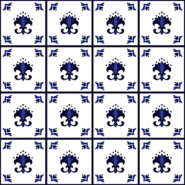 矢量无缝花纹，以陶瓷瓷砖风格描绘鸢尾花，RGB色彩模式图片下载