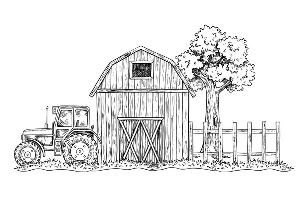 农场。黑白手绘矢量插画。谷仓、拖拉机、树和栅栏。农业产业的概念。横幅、标签、明信片等设计元素图片下载