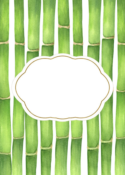 带有金色边框和文字复制空间的预制明信片，背景为绿色竹子。中式日式园林剪贴画。亚洲主题设计、明信片的で描彩绘插画。图片下载