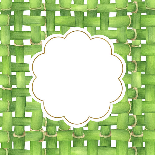 预制模板，背景有缠绕的绿色竹茎和用于文本的复制空间边框。中式日式花园剪贴画。亚洲主题方形设计的纯手工水彩插画。图片下载