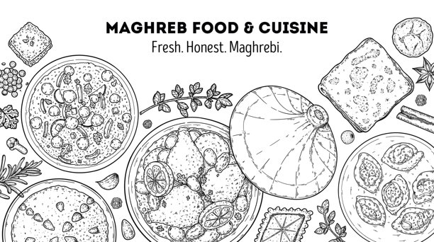 马格里布美食俯视矢量图。食品菜单设计模板。手绘草图。马格里布食品菜单。复古风格。矢量绘图插画。图片下载