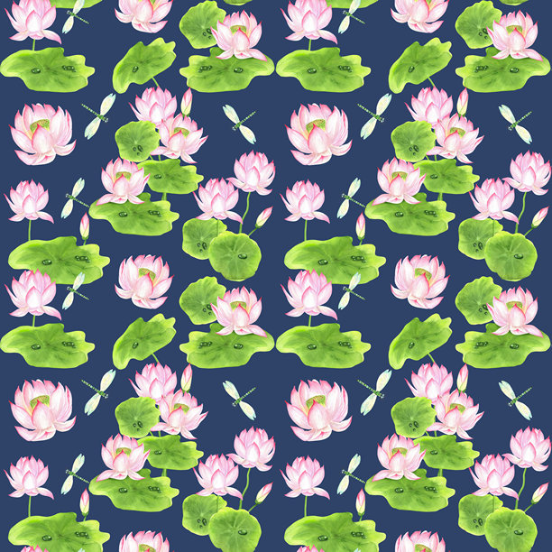 蓝色背景上饰有粉色莲花、绿叶和蜻蜓的无缝图案。中国园林剪贴画。亚洲主题设计、纺织品、包装纸的手绘水彩插画。图片下载