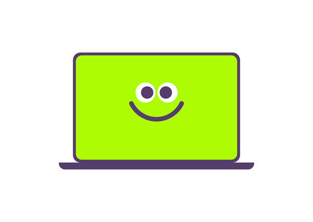 笔记本电脑屏幕上的快乐表情符号，霓虹色彩图片下载