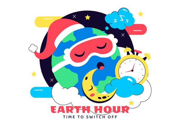 欢乐的地球一小时矢量插画，以扁平卡通背景为特色，包含云、灯泡、世界地图和关灯主题图片下载