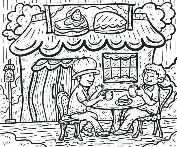 朋友们在咖啡馆闲逛的涂鸦素描插画图片下载