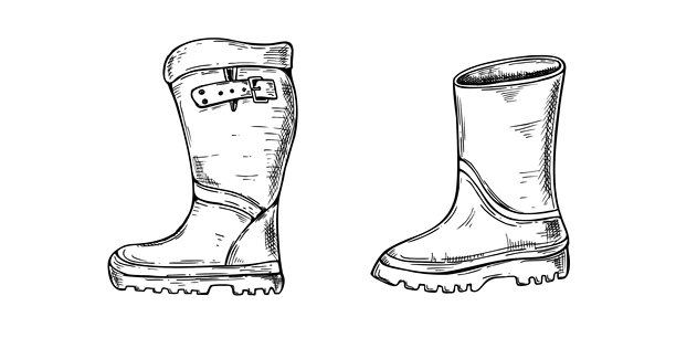 各种风格的橡胶靴矢量线条艺术黑墨水素描。适合徒步和城市漫步涉水的水鞋。用于插画产品设计、创作天气相关图形。图片下载