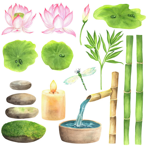 一束荷花园林剪贴画：粉色花朵，带水滴的绿叶，蜻蜓，卵石，苔藓石头，竹竿和竹叶，蜡烛，竹制喷泉。手绘水彩插画图片下载