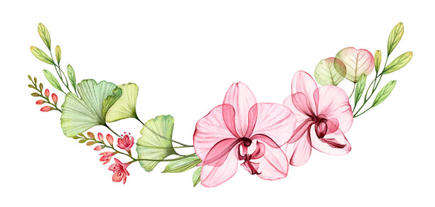 水彩兰花花环。抽象透明的热带花卉、银杏叶，色调为淡粉色、绿色和红色。手绘植物插画，适合婚礼设计、文具卡片。图片下载