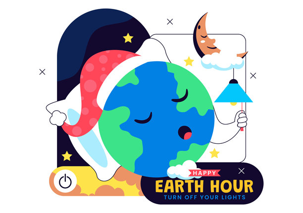 快乐的地球一小时矢量插画，以云、灯泡、世界地图和熄灭灯光为主题，背景为扁平卡通风格图片下载