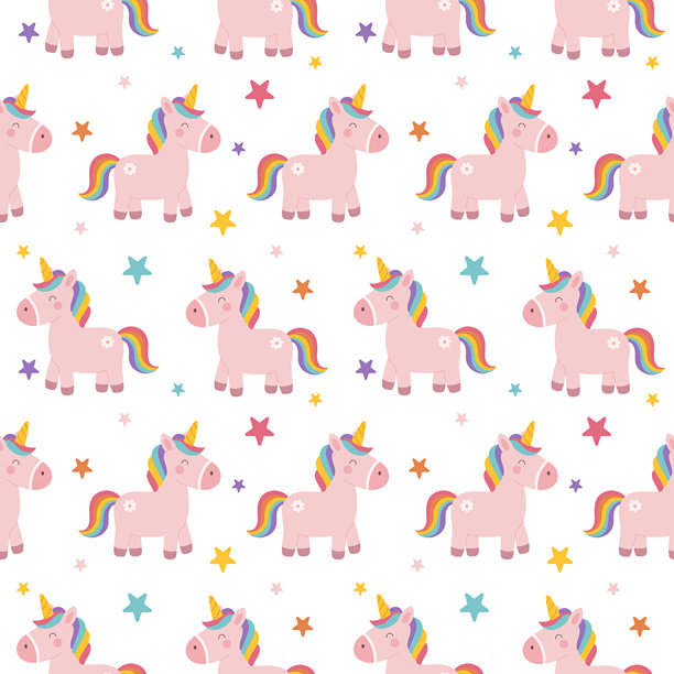可爱的粉色独角兽和彩色星星在白色背景上的无缝图案。非常适合儿童设计、婴儿房装饰、织物、包装纸、壁纸和婴儿用品。矢量插画。图片下载