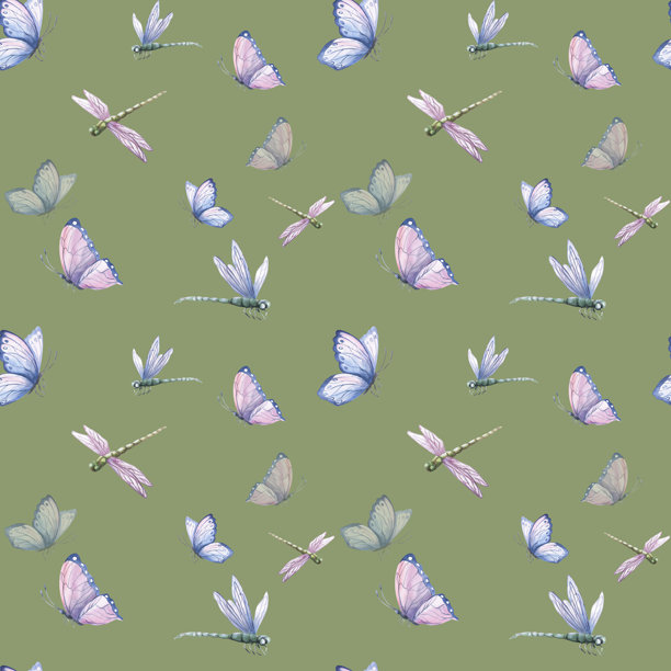绿色背景上的精致蝴蝶和蜻蜓无缝图案。水彩插画，适用于室内设计、织物印花和包装。图片下载