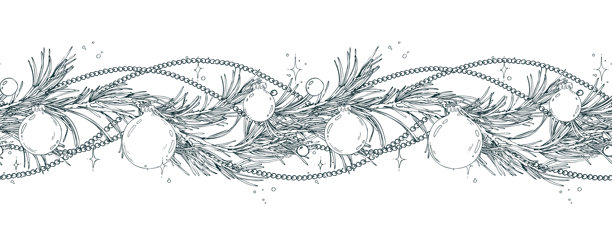 松枝、松球、珠子和花环组成的无缝边框图案，手绘单色线条艺术图形插画，钢笔和墨水绘制。圣诞、冬季和新年装饰。图片下载