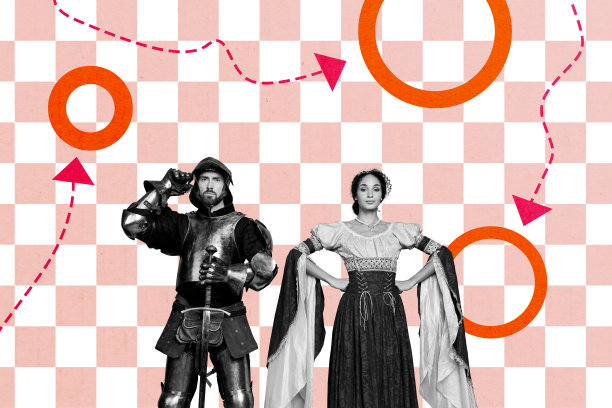 年轻女士复古时尚紧身胸衣假发奢华服装拼贴设计草图，与男性英雄骑士复古角色并肩而立图片下载