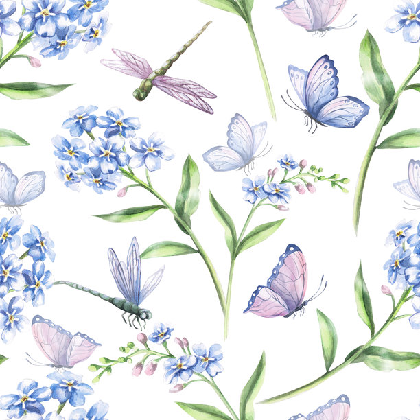 精致的勿忘我、蜻蜓和蝴蝶组成的无缝图案。水彩插画，适用于室内设计、织物印花和包装。图片下载