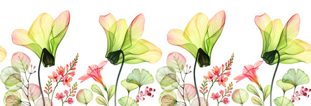 水彩热带花卉无缝边框。横向构图，包含透明的黄色杜鹃花和桉树叶。用于横幅和婚礼设计的植物插画。图片下载